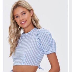 Blue Gingham lace up top
